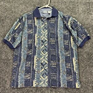 Vintage Bugle Boy Company Polo Shirt Mens Medium Blue Casual Geometric Beach